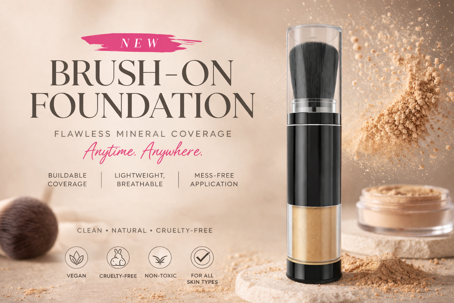Brush-on foundation product with packaging and text on a beige background